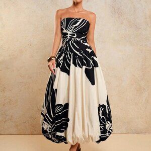 Black And White Elegant Women's Ruched Printed Dress